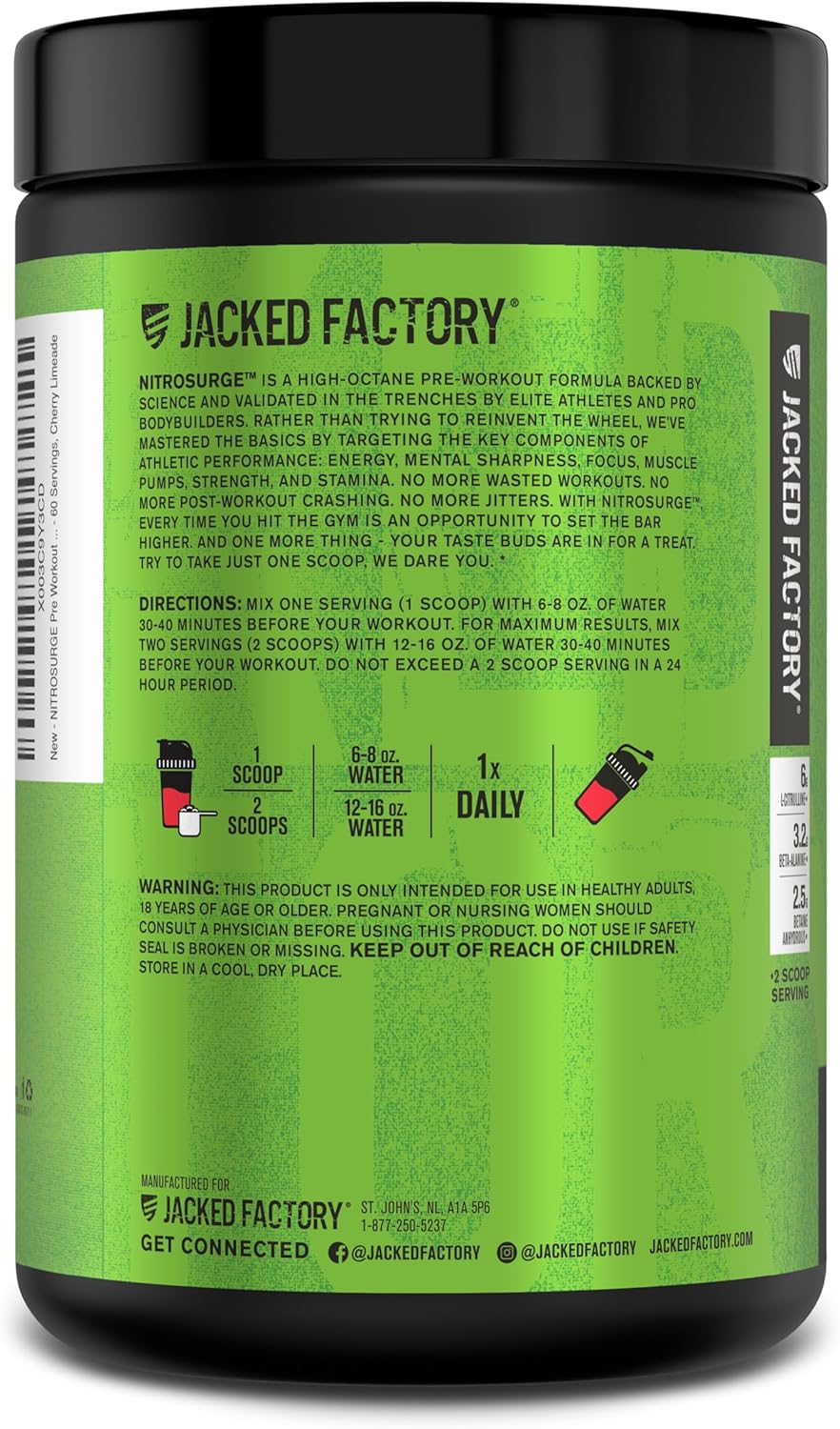 Jacked Factory NITROSURGE Pre Workout Supplement - Endless Energy, Instant Strength Gains, Clear Focus, Intense Pumps - NO Booster & Powerful Preworkout Energy Powder - 60 Servings, Cherry Limeade