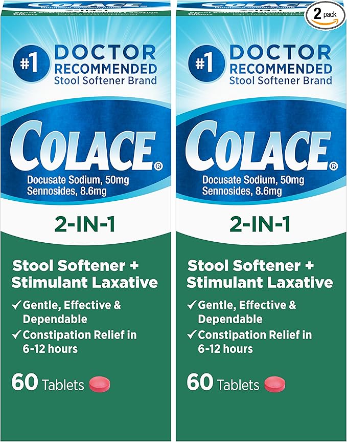 Colace 2-in-1 Stool Softener Plus Stimulant Laxative for Gentle Effective Constipation Relief, Docusate Sodium Plus Sennosides, 60 Count (Pack of 2)