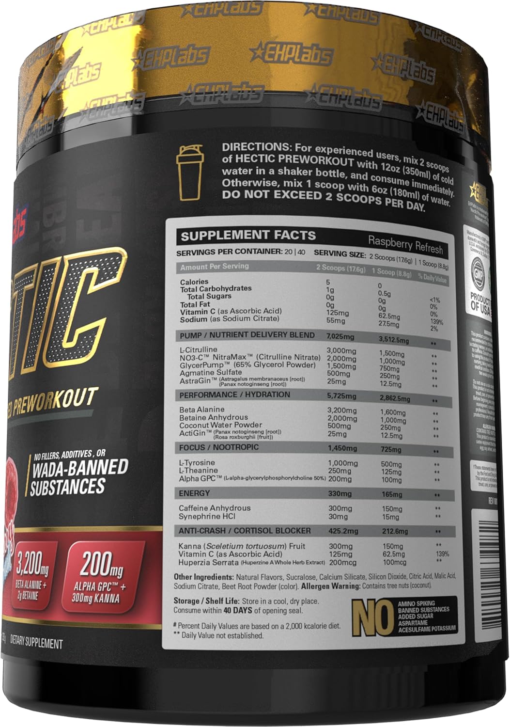 EHP Labs Hectic PreWorkout - High Stim Advanced Pre Workout Powder for Max Performance - Caffeine, Beta Alanine, Coconut Water - Energy, Pump, Recovery & Hydration - 40 Serves (Raspberry Refresh)