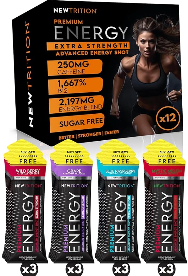 NewTrition® Extra Strength Energy Shots 1.7 fl oz - 250mg Caffeine with B Vitamins & Amino Acids, Sugar-Free Zero Calorie Vitamin Energy Drink for Focus & Endurance (Pack of 12, 4 Flavors - Mixed 1)