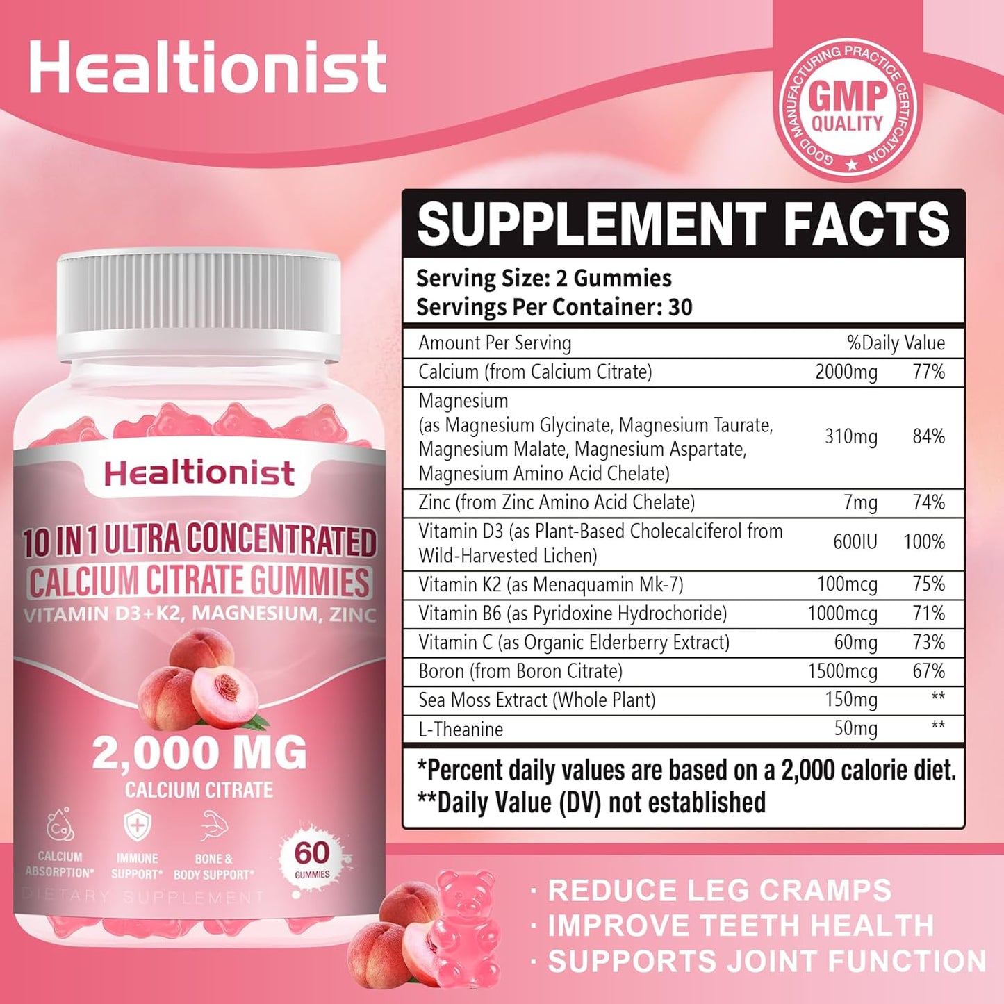 2 Packs 2000mg Calcium Citrate with Vitamin D3 K2 Supplements Gummies for Women & Men, Magnesium, Zinc, High Absorption, Bone, Muscle & Immune Support, 120 Counts Peach Flavor Gummies