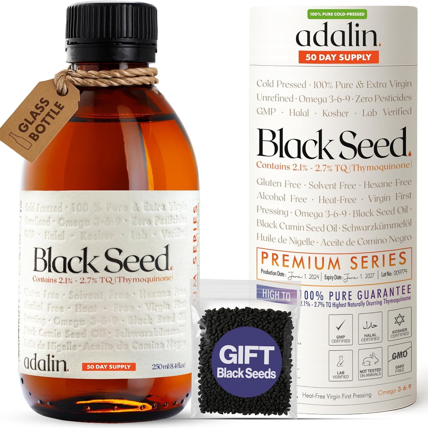 adalin Black Seed Oil Liquid 8.4 fl oz | Nigella Sativa Seed Oil | High Thymoquinone | Cold Pressed | Glass Bottle | Blackseed | Vegan | Gluten Free