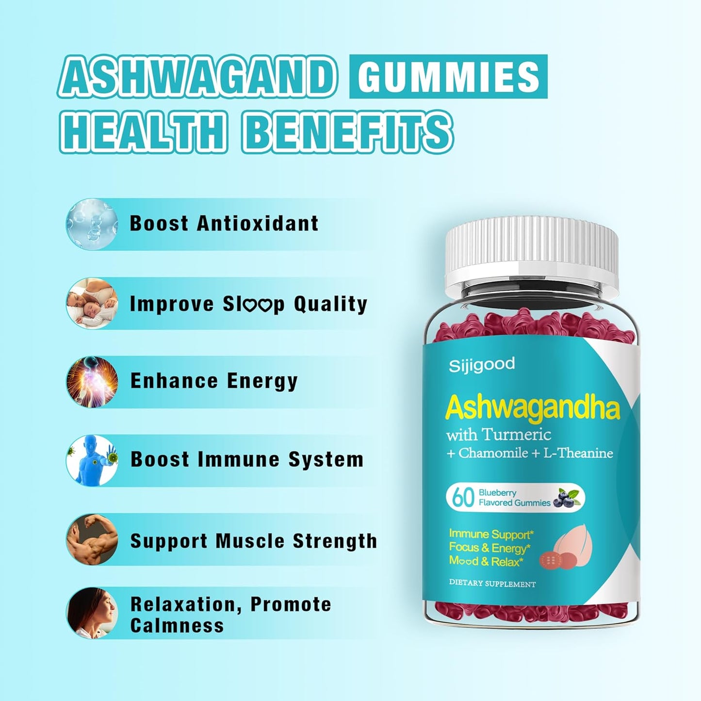 2 Pack Ashwagandha Gummies, Support for Immunity, Relaxation, Calm Mood & Zzz, Ashwagandha Supplements for Men & Women, Natural Blueberry Flavor, 120 Count