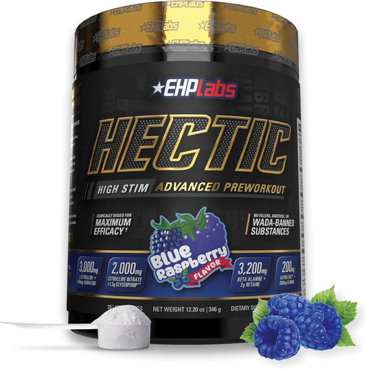 EHP Labs Hectic PreWorkout - High Stim Advanced Pre Workout Powder for Max Performance - Caffeine, Beta Alanine, Coconut Water - Energy, Pump, Recovery & Hydration - 40 Serves (Blue Raspberry)