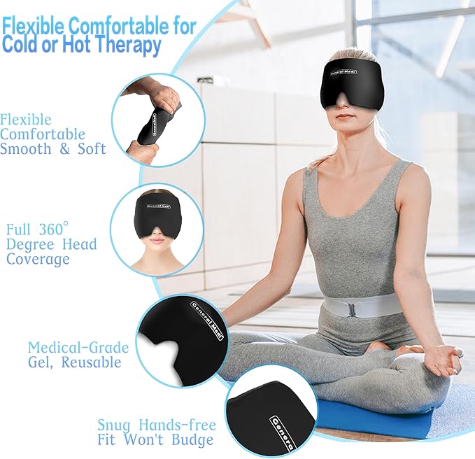 General Medi Headache & Migraine Ice Wrap Cap, Cold Therapy Migraine Relief Hat, Headache Ice Hat Cold Compress, Great for Puffy Eyes, Tension, Sinus & Stress Relief (Black)