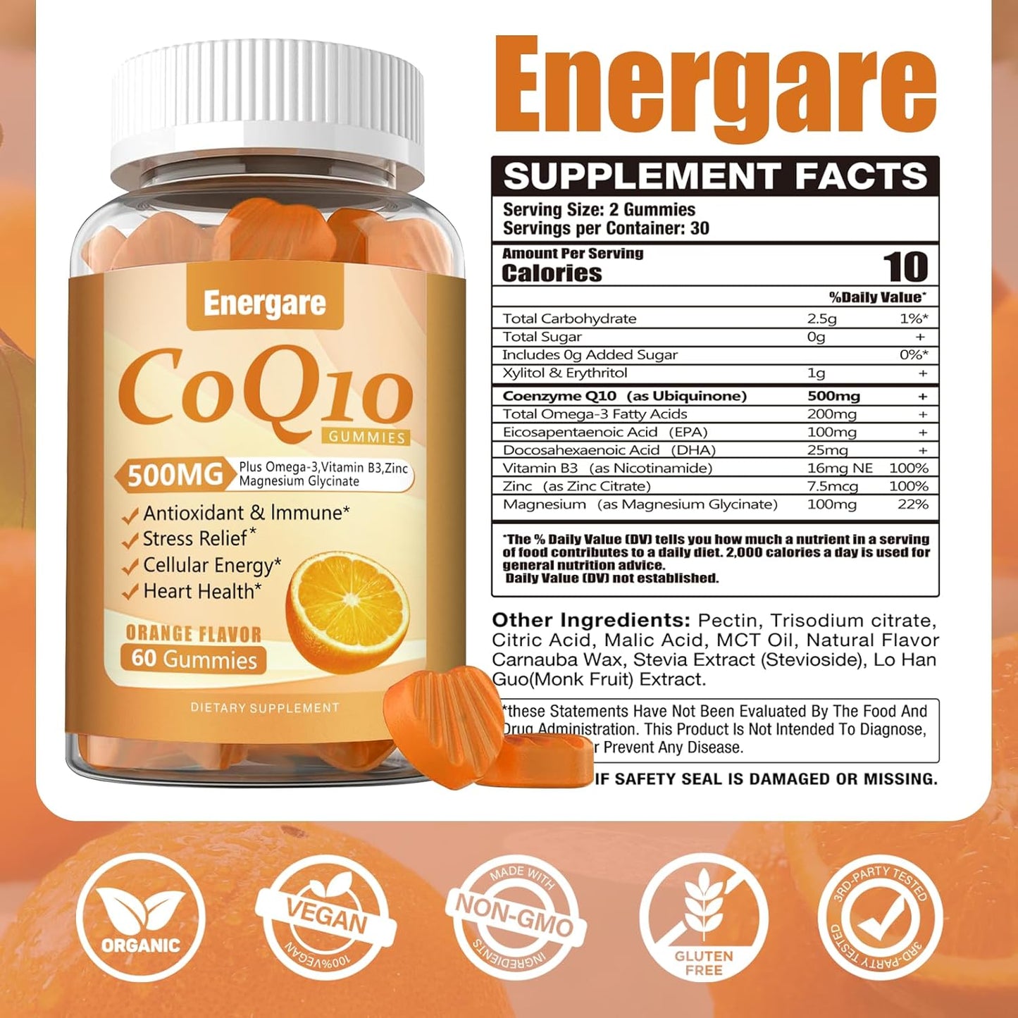 2 Packs CoQ10 500MG Gummies - 3X Better Absorption Coenzyme Q10 Supplements - Plus Omega-3, Magnesium, Vitamin B3 & Zinc for Heart Health, Cellular Energy & Antioxidant, 120 Cts