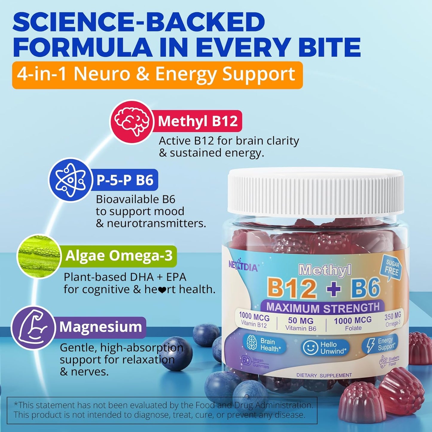 3-in-1 Methylated B Complex + Omega-3 Gummies With Vitamin B12 1000 mcg + Methylfolate 1000 mcg, B6 Vitamins for Energy, Mood & Brain - Sugar Free B Complex Vitamins for Women, Men, Vegan, 2 Pack