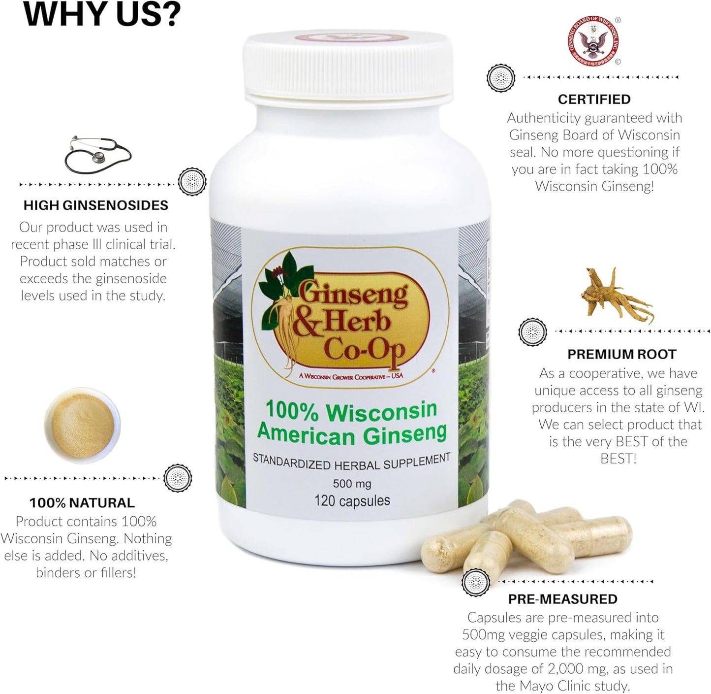 100% Pure Wisconsin American Ginseng Capsules - 500mg. Authentic Panax Quinquefolius. Potent Ground Ginseng Root - No Fillers, Binders or Other Additives. (120 Count)