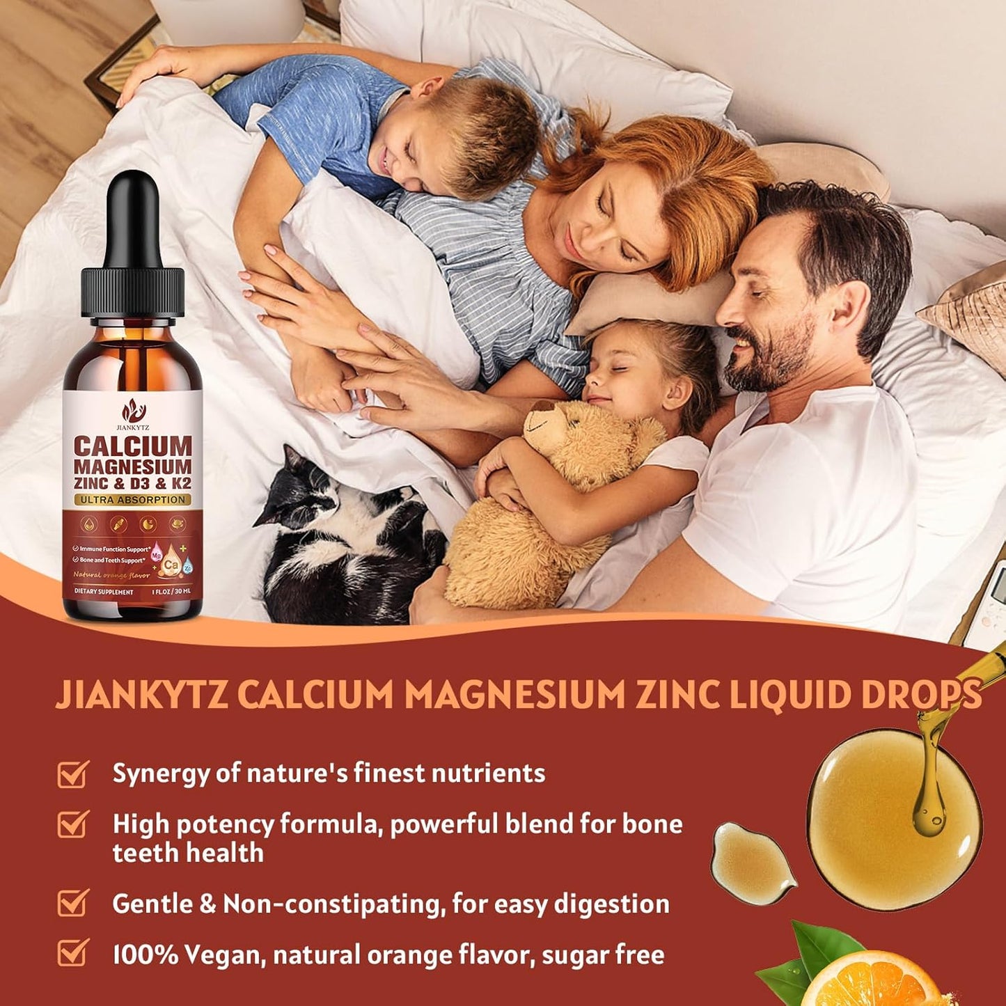 (2 Pack) Calcium Magnesium Zinc Liquid Drops for Women and Men - Bone & Teeth, Immune Support, Calcium Citrate 1200mg with Vitamin D3 Liquid Drops for Adults, Sugar Free, Vegan, Orange Flavor