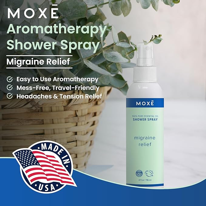 MOXE Migraine Relief Aromatherapy Shower Spray, Essential Oils for Headaches & Tension Relief, Natural 100% Essential Oils, Pure & Undiluted, Peppermint, Spearmint, Eucalyptus, Tea Tree, Made in USA …