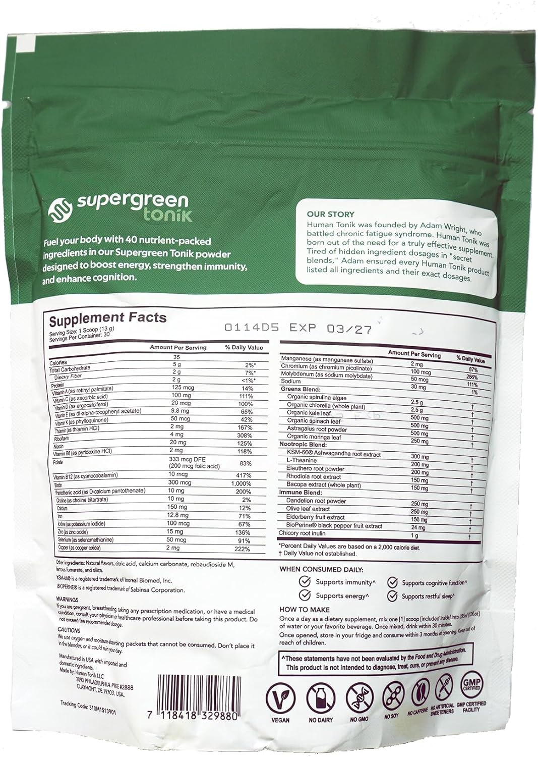 100% Natural Greens Superfood Powder – Daily Supplement with 40 Superfoods, Vitamins and Minerals – Supports Energy, Stress and Immunity – 30 Days 360 Grams Berry Flavor (1 Bag)