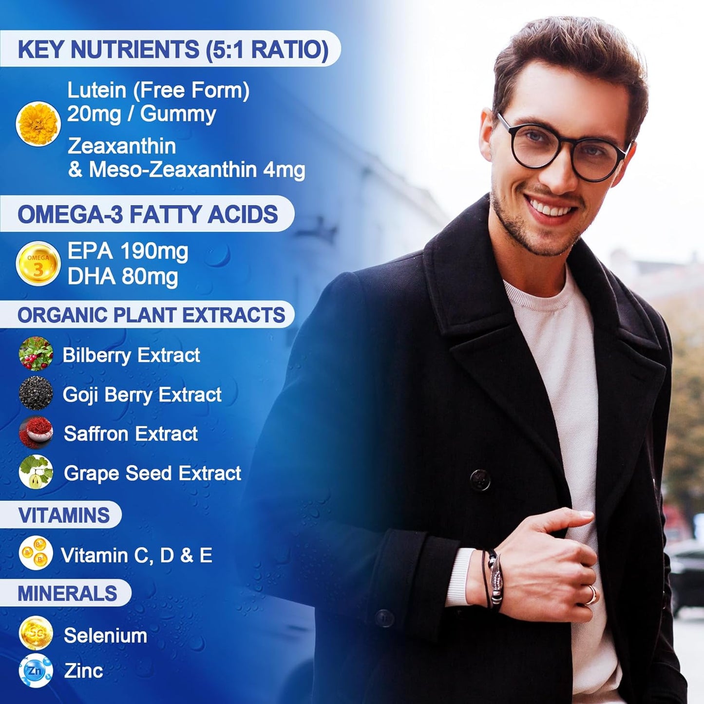 2 Pack Sugar Free Lutein 20mg 40mg and Zeaxanthin Gummies for Eyes with EPA 190mg & DHA 80mg, Eye Vitamins Filled Gummies Plus Bilberry, Goji Berry & Saffron, Eye Health Supplements for Adults - Vegan