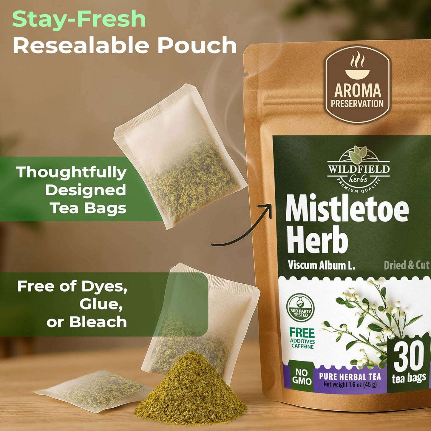 30 Bags Dried Mistletoe Herb Tea (Viscum) - 30 Count 1.5g Tea Bags Mistletoe Herb Muerdago