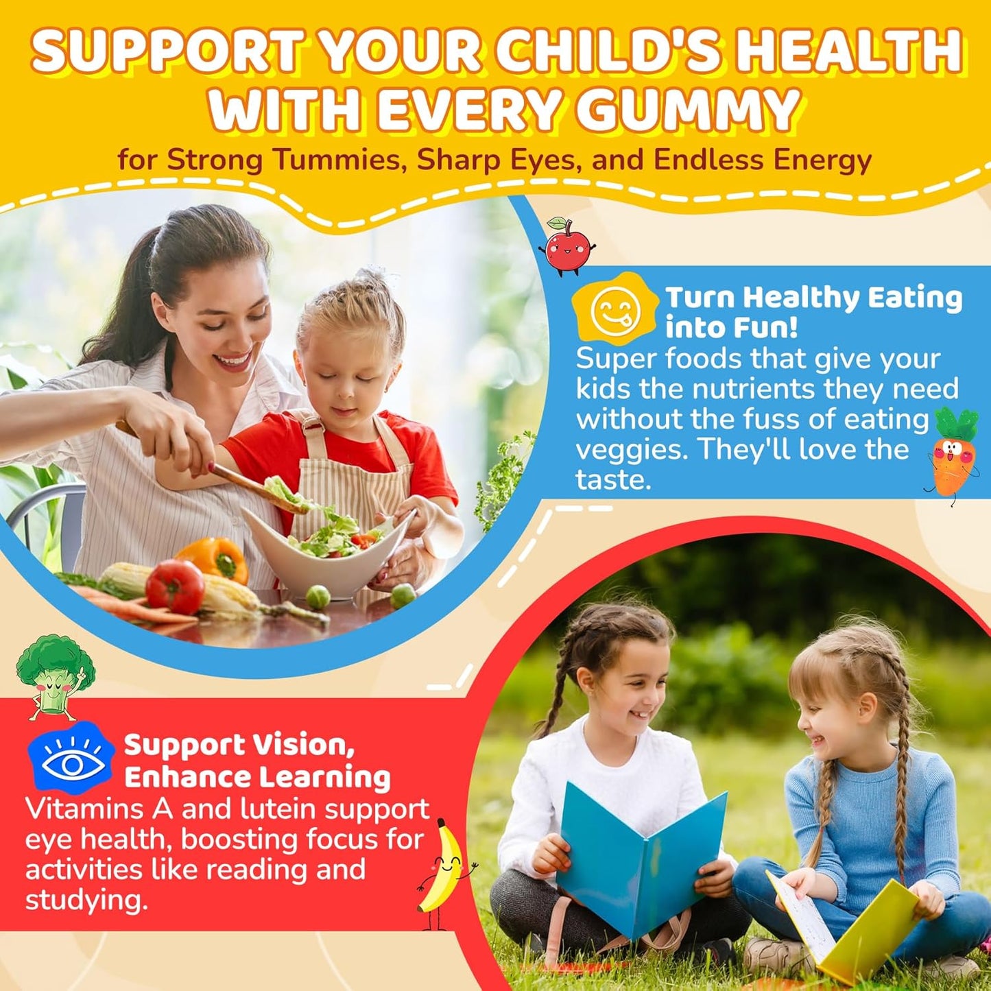 2Pack Probiotics for Kids Teen + Veggie & Fruit Fiber Gummies, with 12 Billion CFU Probiotic, Organic Inulin Prebiotics Fiber, Methyl B12 B6 C for Children's Digestive & Gut, Immune Health, Sugar Free