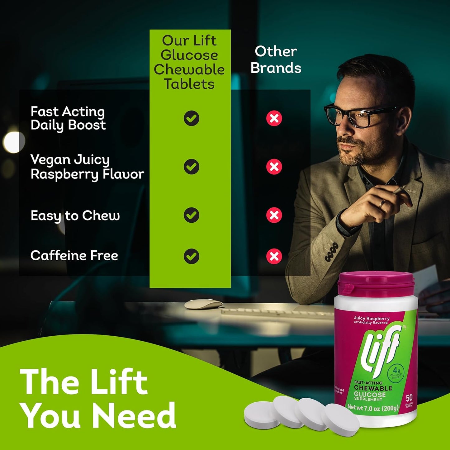 Lift Glucose Fast-Acting Glucose Chewable Energy Tablets, Raspberry, 50 ct Jar (Pack of 1)