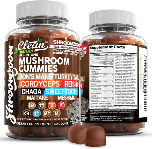 15in1 Mushroom Gummies with Lion's Mane Turkey Tail Cordyceps Reishi Chaga Sweet Toot Maitake Meshima Poria Cocos Shiitake Tremella, Oyster Agaricus Mushrooms for Men and Women Supplement Clean Nutra