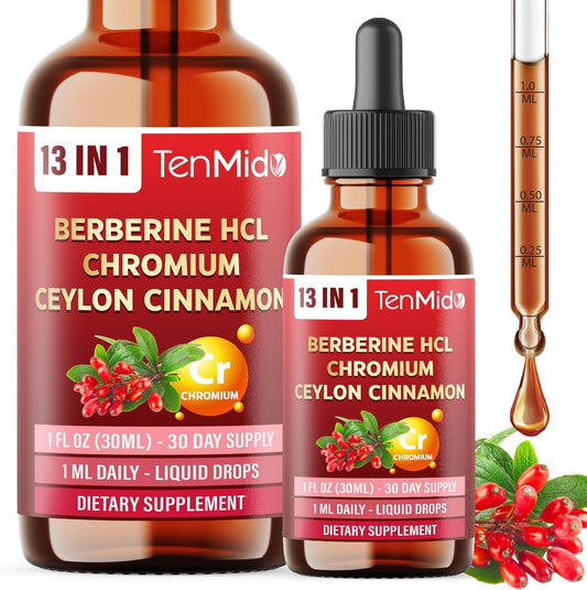 13in1 Berberine Liquid Drops with Chromium, Ceylon Cinnamon, Bitter Melon, Turmeric, Green Tea, Ginseng, Sylvestre, Moringa, Apple Cider Vinegar & More - 30 Days Supply - 1FL Oz