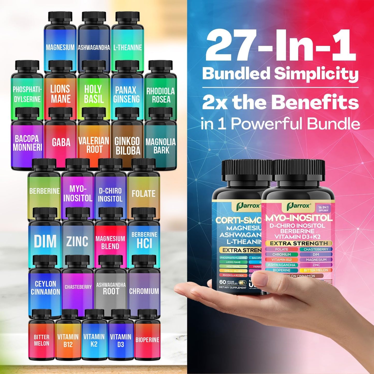 Cortisol & Myo-Inositol Supplement Bundle, Soothe & Smooth Bundle, 13-in-1 Cortisol Balance, Magnesium, Ashwagandha, L-Theanine, D-Chiro Inositol, Folate, Berberine, Chasteberry (150 Capsules)