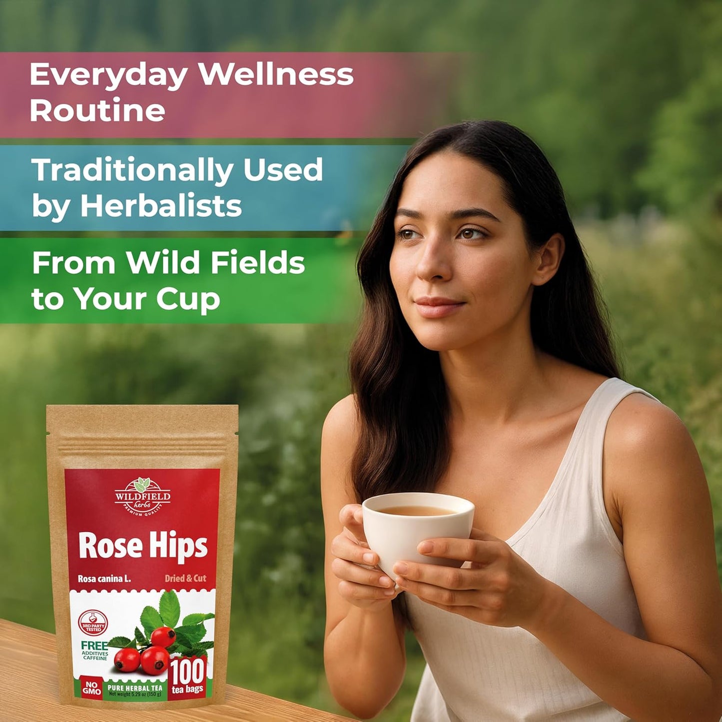 100 Bags Rosehips Tea Dried Rose Hips Crushed (Roza Cinamomea) - 100 Count 1.5 g Tea Bags Rosehip Berries