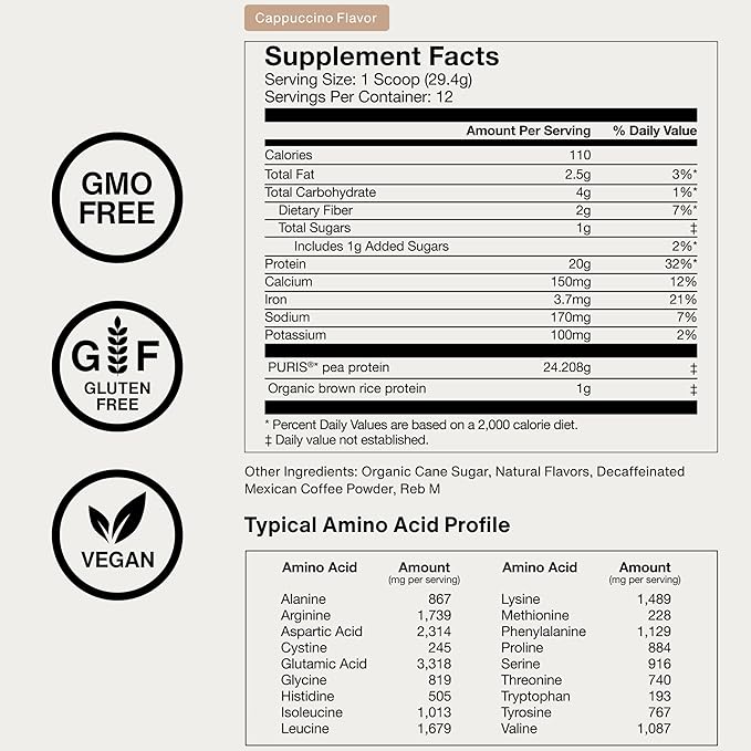 Momentous Vegan Protein Powder - 20 g Plant-Based Protein - NSF Certified for Sport - Vegan - GMO Free - Gluten-Free - 12 Servings for Essential Everyday Use - Cappuccino