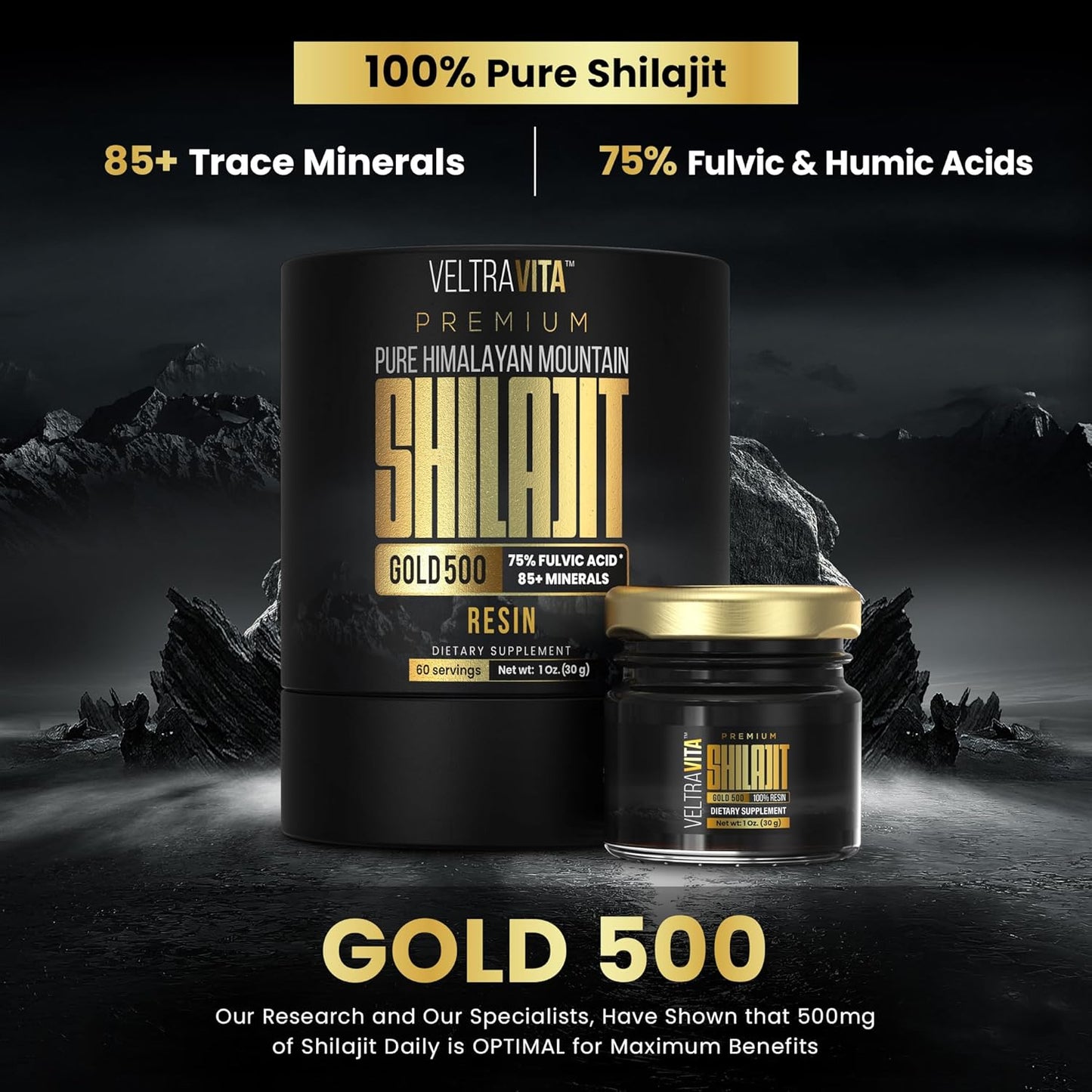 100% Pure Himalayan Shilajit Resin Gold 500 Organic | High Potency 75%+ Fulvic Acid, Humic Acid & 85+ Trace Minerals | Natural Energy & Immune Support for Men & Women | Lab Tested