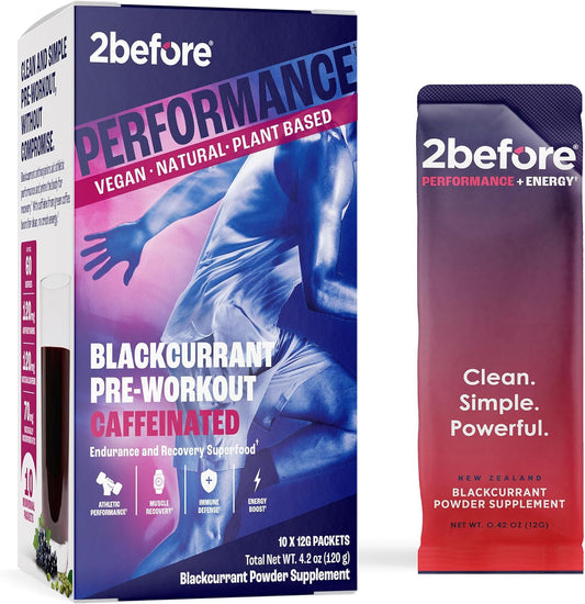 2before Blackcurrant I All Natural Vegan Pre Workout, with 120mg Caffeine I Clean Energy, Endurance, Recovery I Pre Workout Women and Men I 10 x Individual Packets I Informed Sports Certified