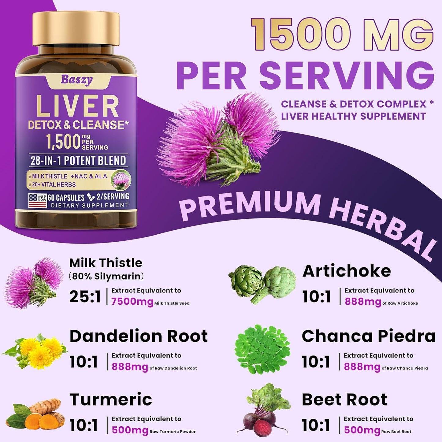 28-in-1 Liver Cleanse Detox & Repair - 1500mg Liver Health Support with Milk Thistle, Dandelion Root, Artichoke Extract, and 20+ Herbal Liver Support Supplements - Made in USA - 60 Capsules