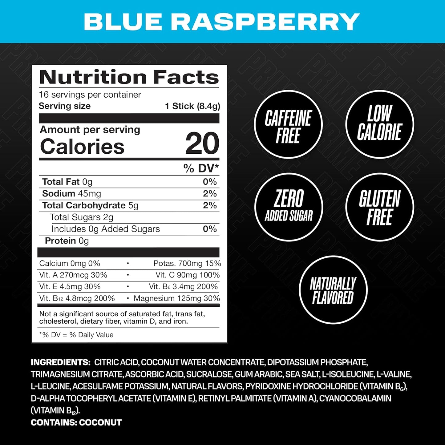 PRIME HYDRATION+ Sticks Blue Raspberry | Hydration Powder Single Serve Sticks | Electrolyte Powder On The Go | 250mg BCAAs, B Vitamins, Antioxidants | Low Sugar | Caffeine-Free | Vegan | 48 Sticks