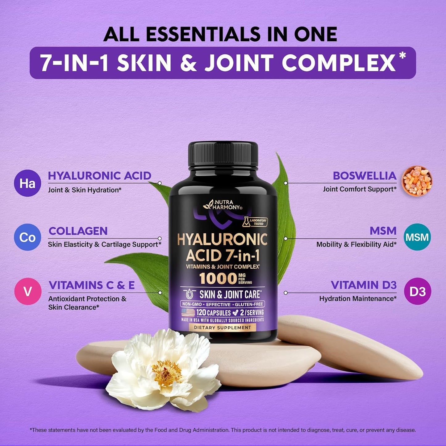 Hyaluronic Acid Supplements 1000 mg - Collagen | MSM | Boswellia | Vitamin D3, C & E - Hyaluronic Acid Capsules - Skin Hydratation & Joint Comfort Support - 7-in-1 Complex - Made in USA - 120 Capsules