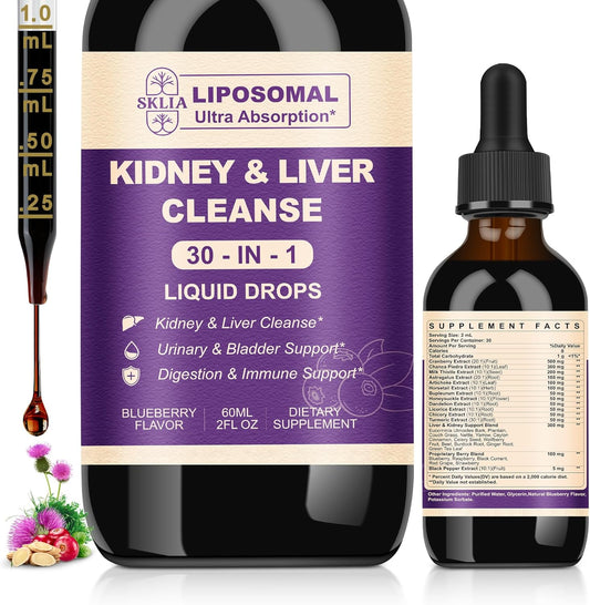 30-in-1 Kidney and Liver Cleanse Detox & Repair Drops with Cranberry Extract, Milk Thistle & Chanca Piedra, Vegan Kidney Support Supplement for Urinary Tract & Liver Support | Blueberry Flavor, 1P