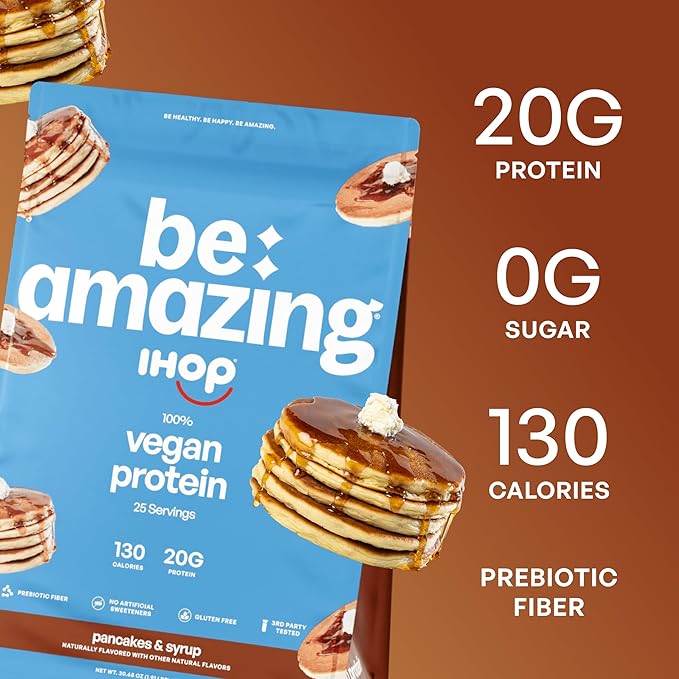 BE AMAZING Vegan Protein Powder, IHOP Pancakes & Syrup, 20g Plant Based Protein with Prebiotic Fiber, Low Carb, Dairy and Gluten Free Shake Mix, No Added Sugar, 29.3 oz, 25 Servings