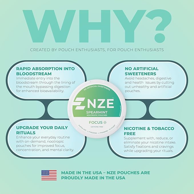 NZE Caffeine Free Nootropic Pouches (Spearmint) - Nootropic Pouches with Alpha GPC, L-Tyrosine & L-Theanine - No Sugar or Artificial Sweeteners - 15 Nicotine Free Pouches Per Can - 5 Pack
