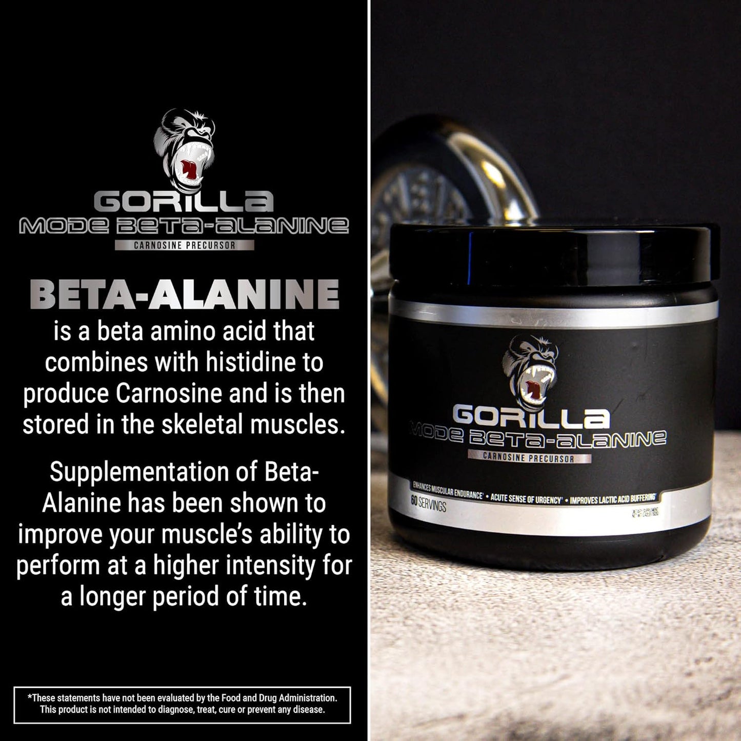 Gorilla Mind Beta-Alanine Carnosine Precursor,Enhanced Muscular Endurance, 3.2 Grams per Servings