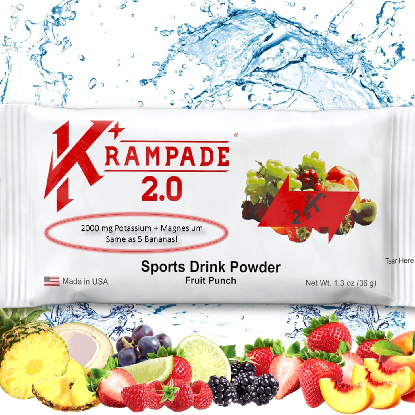2.0 2K: 50 mg Magnesium + 2000 mg Potassium Cramp Relief Electrolyte Drink Powder: Faster Recovery, Slower Fatigue, Optimized Hydration | 20 Single-Serving Packets (Fruit Punch)