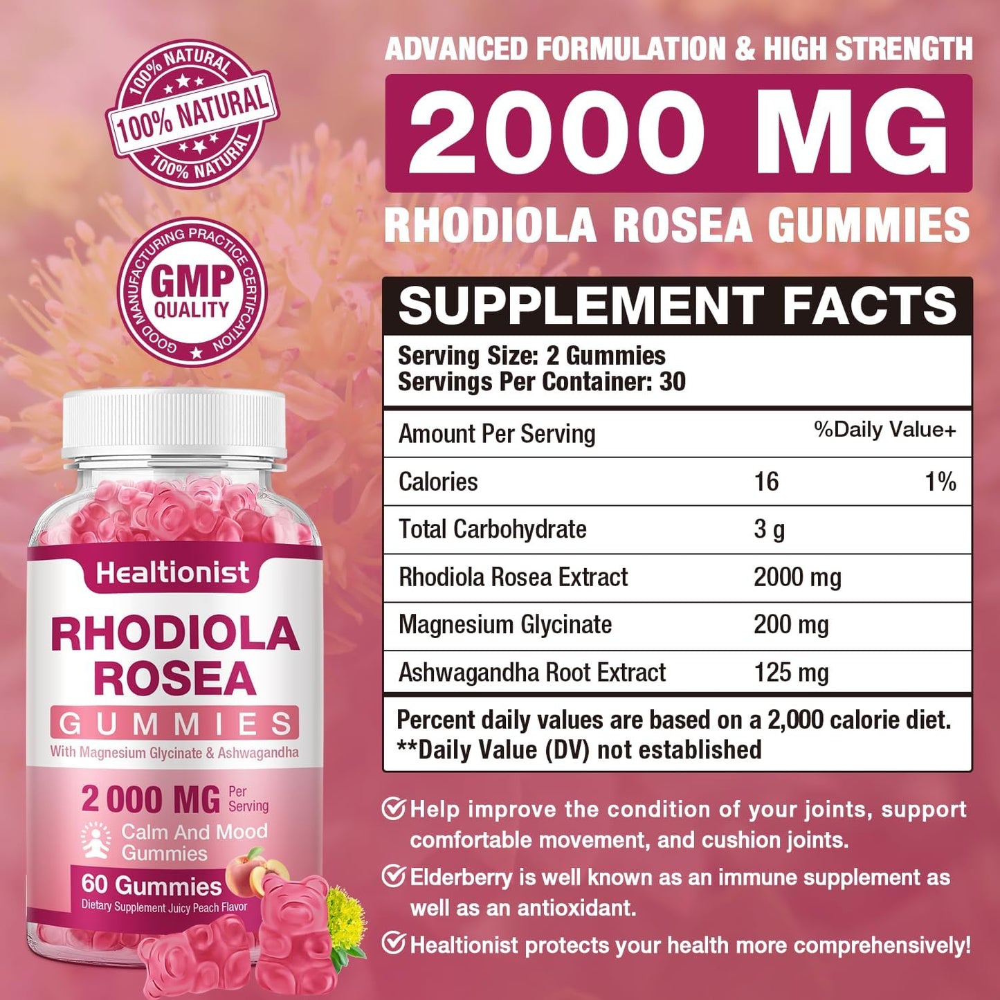 2 Packs Sugar-Free Rhodiola Rosea Gummies Adaptogenic Rhodiola Rosea Supplement & Cortisol Blocker for Performance, Stamina, Mood & Motivation - Non-GMO, 120 Vegan Chews