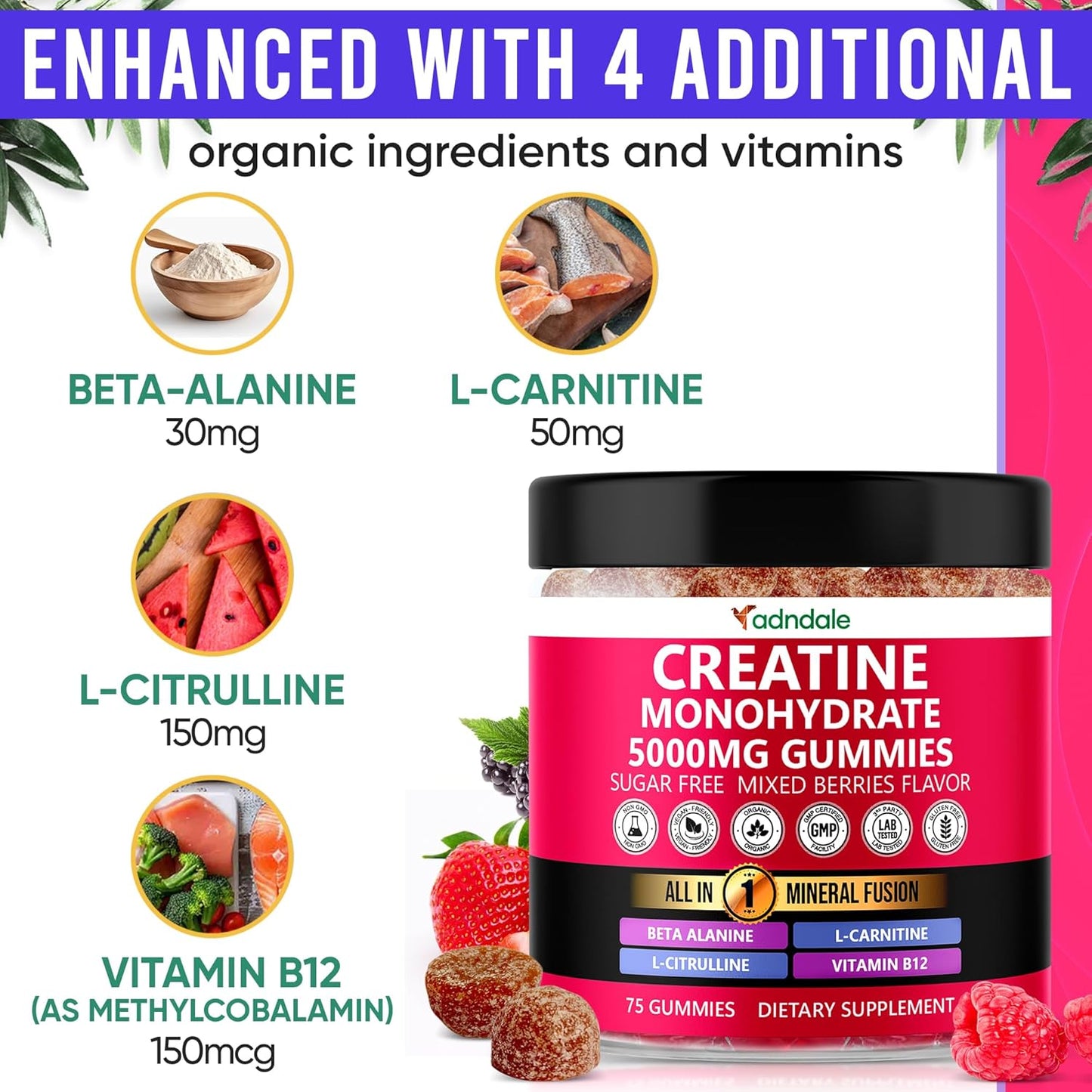 Adndale Creatine Monohydrate Gummies for Men & Women, 5000mg per Serving Creatine Supplement with Beta-Alanine, L-Citrulline & B12 - Supports Strength and Energy - 75 Vegan Gummies, Sugar-Free