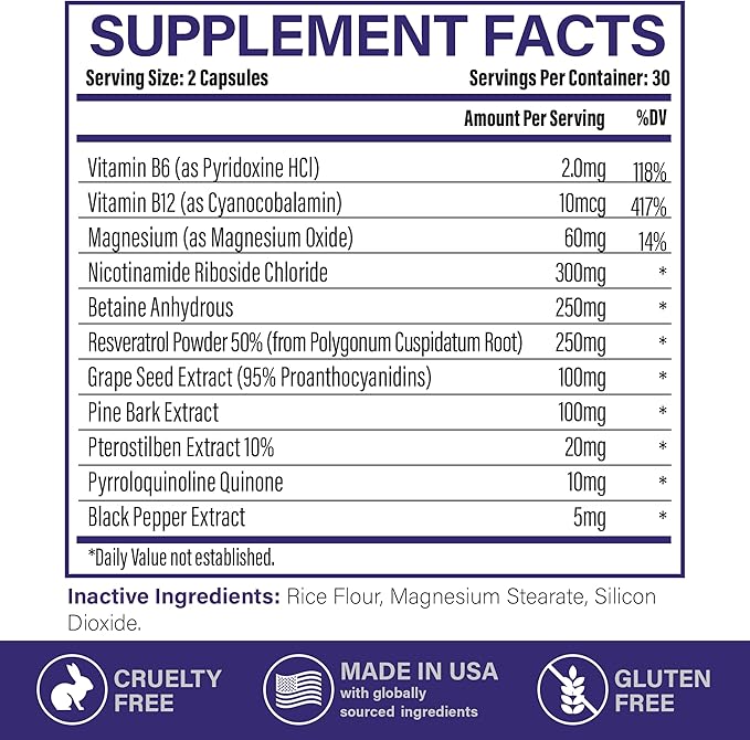 NAD+ Supplement - NAD Resveratrol for Cellular Energy and Stamina - Energy Supplements with Nicotinamide Riboside, Grape Seed and B Vitamins for Healthy Aging for Men & Women - 60 Capsules