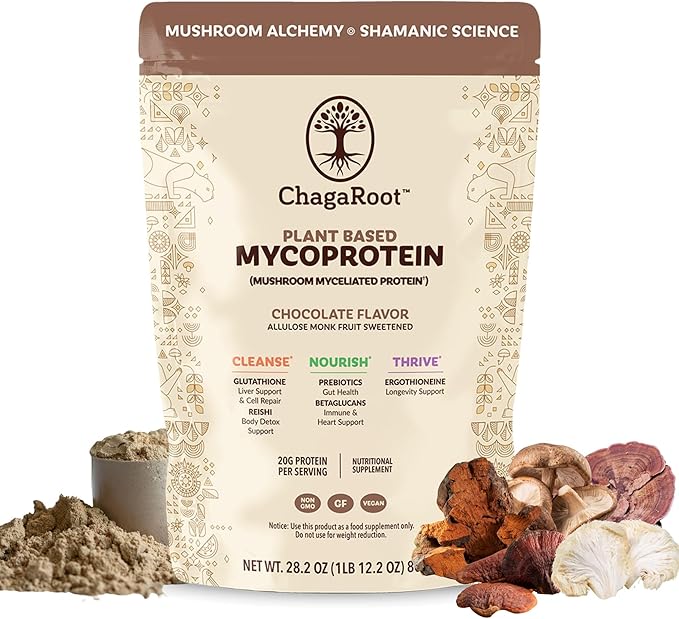 Mycoprotein Mushroom Protein Powder, Chocolate Flavor, 20g Plant Based Protein per Serving, Reishi, Chaga, Lions Mane, Shiitake, Turkey Tail, Vegan, Gluten Free, Coffee, Smoothies, 1.76 lb