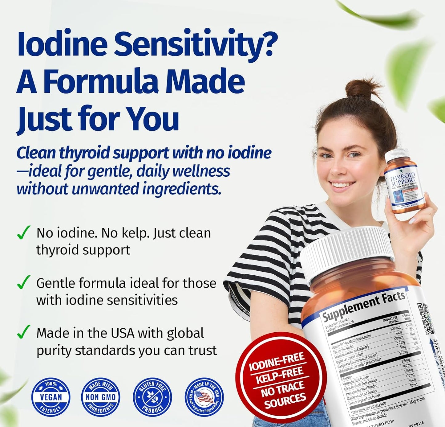 1 Body Thyroid Support Supplement, Iodine-Free, Vegan, with L-Tyrosine and Ashwagandha, 60 Capsules