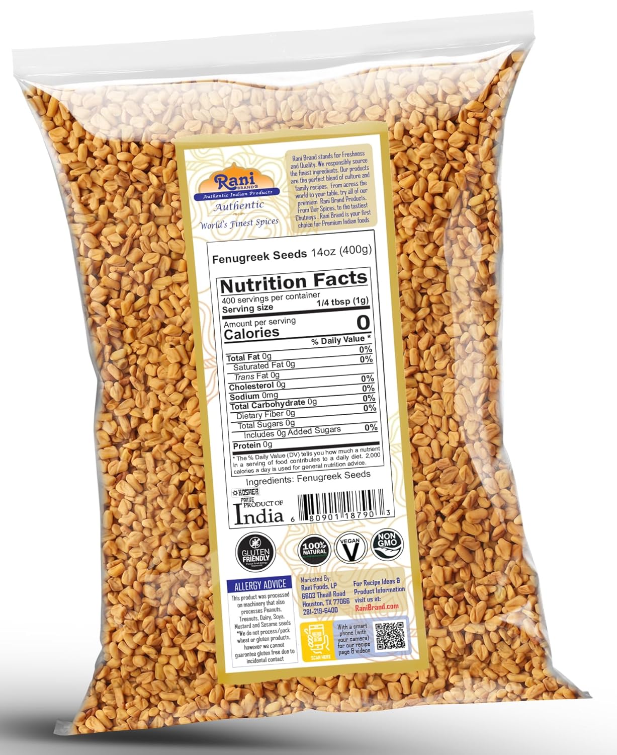 Rani Fenugreek (Methi) Seeds Whole 14oz (400g) Trigonella foenum graecum ~ All Natural | Vegan | Gluten Friendly | Non-GMO | Kosher | Indian Origin, used in cooking & Ayurvedic spice