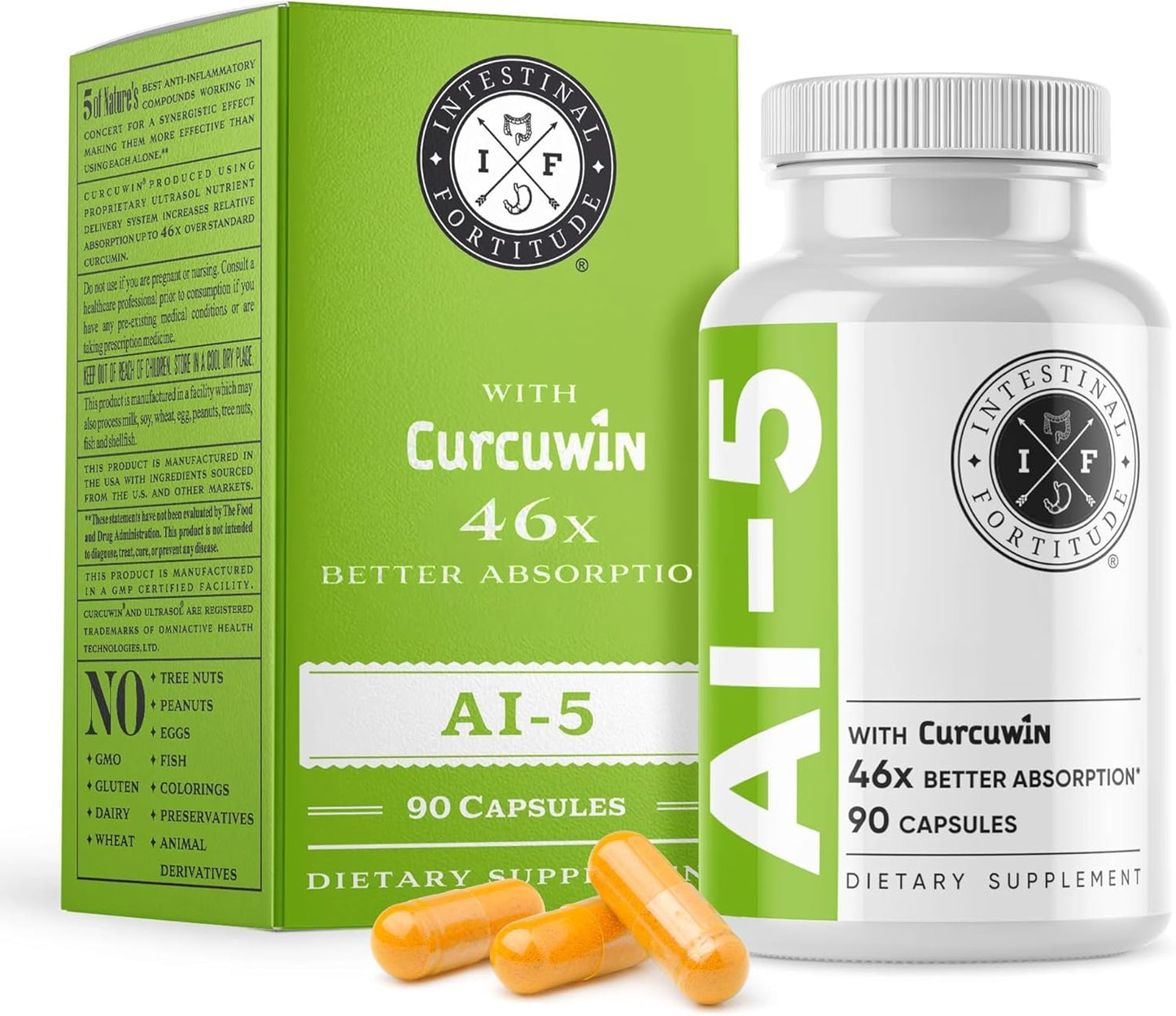 Intestinal Fortitude AI-5 - Digestive Herbal Capsule Supplement w/CurcuWIN, Turmeric, Curcumin, Boswellia Serrata, Ginger Root & EGCG Green Tea for Gut & DigestiveHealth Support, Non-GMO, Dairy Free