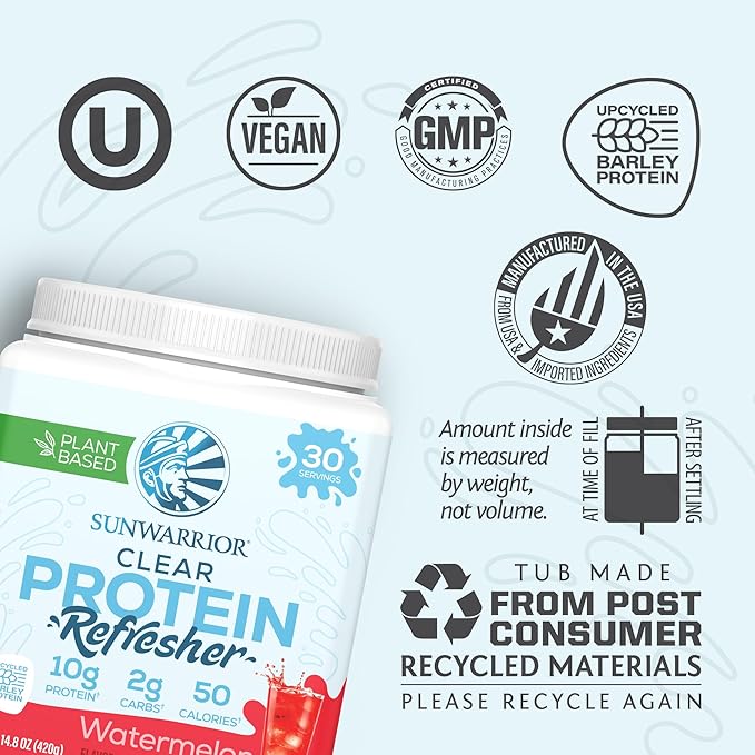 Sunwarrior Clear Protein Powder Plant-Based Water Mix, Vegan and Refreshing Protein and Hydration Supplement 10g Per Serving Watermelon Flavored 420g Tub 30 Servings