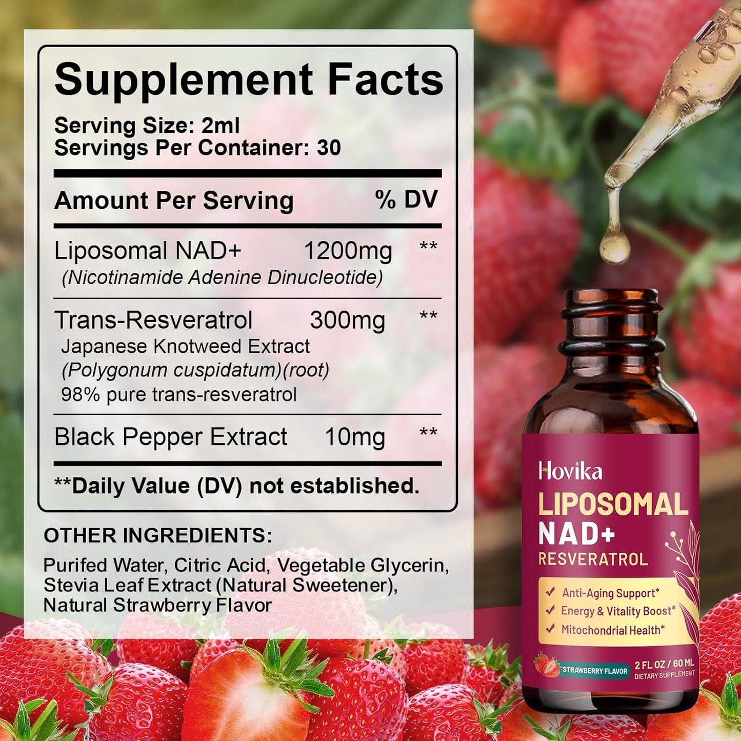 Liposomal NAD Supplement - 1200mg NAD+ Liquid Drops for Women & Men with Resveratrol, Black Pepper Extract - Support Anti-Aging, Brain & Cellular Mitochondrial Health - 2 Fl Oz, Strawberry Flavor