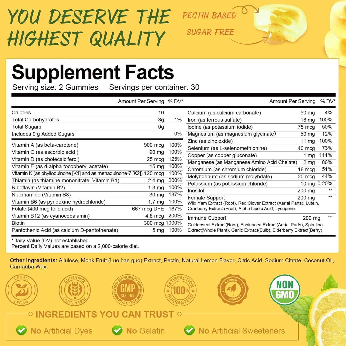 (2 Packs) Sugar Free Multivitamin Gummies for Women 14+ w/Iron, Inositol, Folate, Biotin, Womens Daily Multivitamin Gummy w/Vitamin A, D, C, B, Support Hair, Skin, Energy, Immune, Lemon Flavor