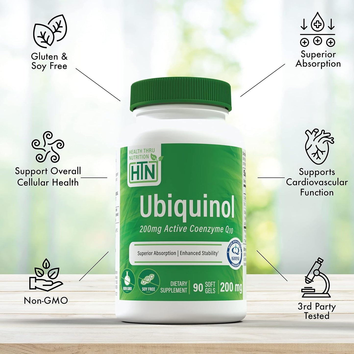 Health Thru Nutrition Ubiquinol 200mg 90 Softgels as Kaneka QH Reduced CoQ-10 | Stabilized - 3rd Party Tested | Enhanced Bioavailability | Cardiovascular & Mitochondria Function Support | Non-GMO