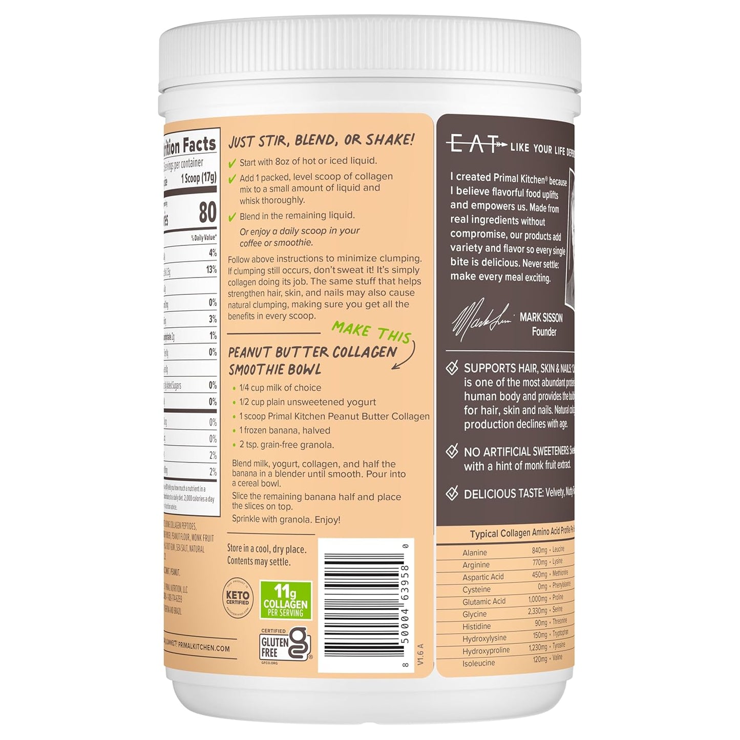 Primal Kitchen Peanut Butter Flavor Collagen Fuel® Drink Mix, Collagen Peptides, No Dairy, 14.3 Ounces