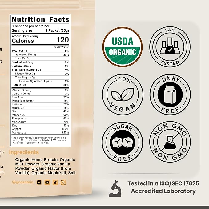 Organic Hemp Protein Powder, Plant Based and Vegan Protein Shake, Lactose and Dairy Free, Gluten Free, Clean and Natural- Vanilla (1 Serving)