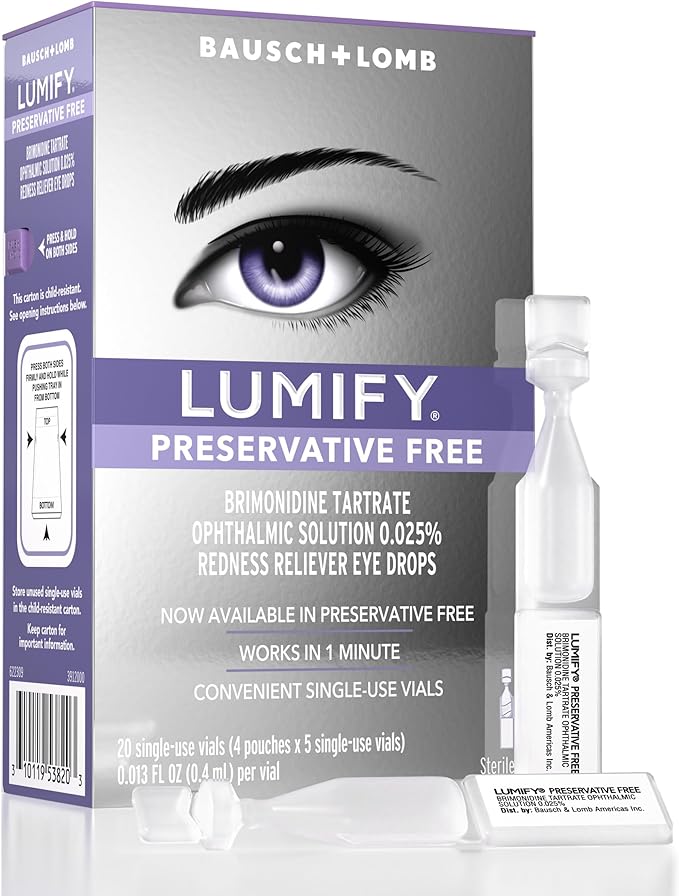 LUMIFY Preservative Free Eye Drops for Red Eyes, Redness Reliever for Sensitive Eye, Brighter and Whiter Looking Eyes, Works in 1 Minute & Lasts Up to 8 Hours, 20 Single-Use Vials
