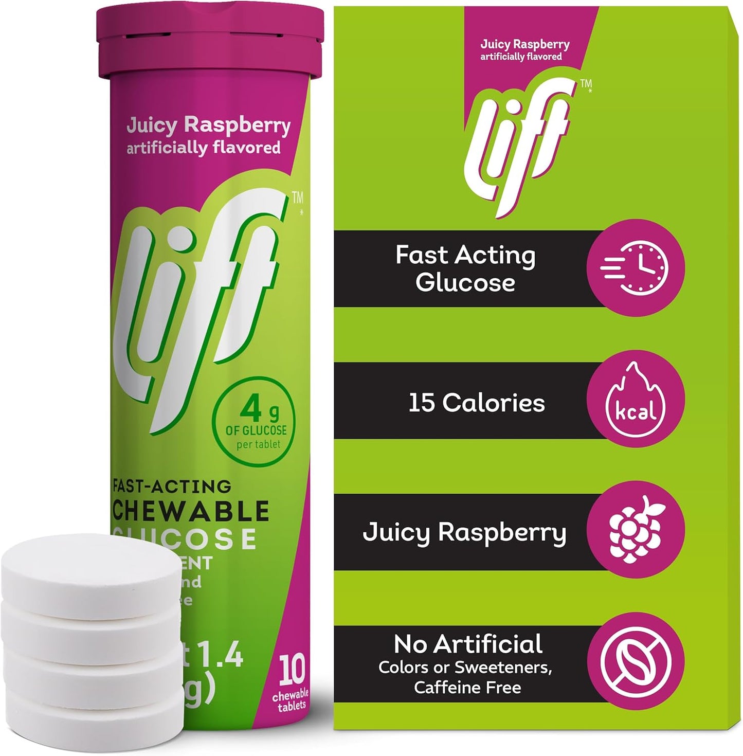 Lift Glucose Fast-Acting Glucose Chewable Energy Tablets, Raspberry, 10 ct Tube (Pack of 12)