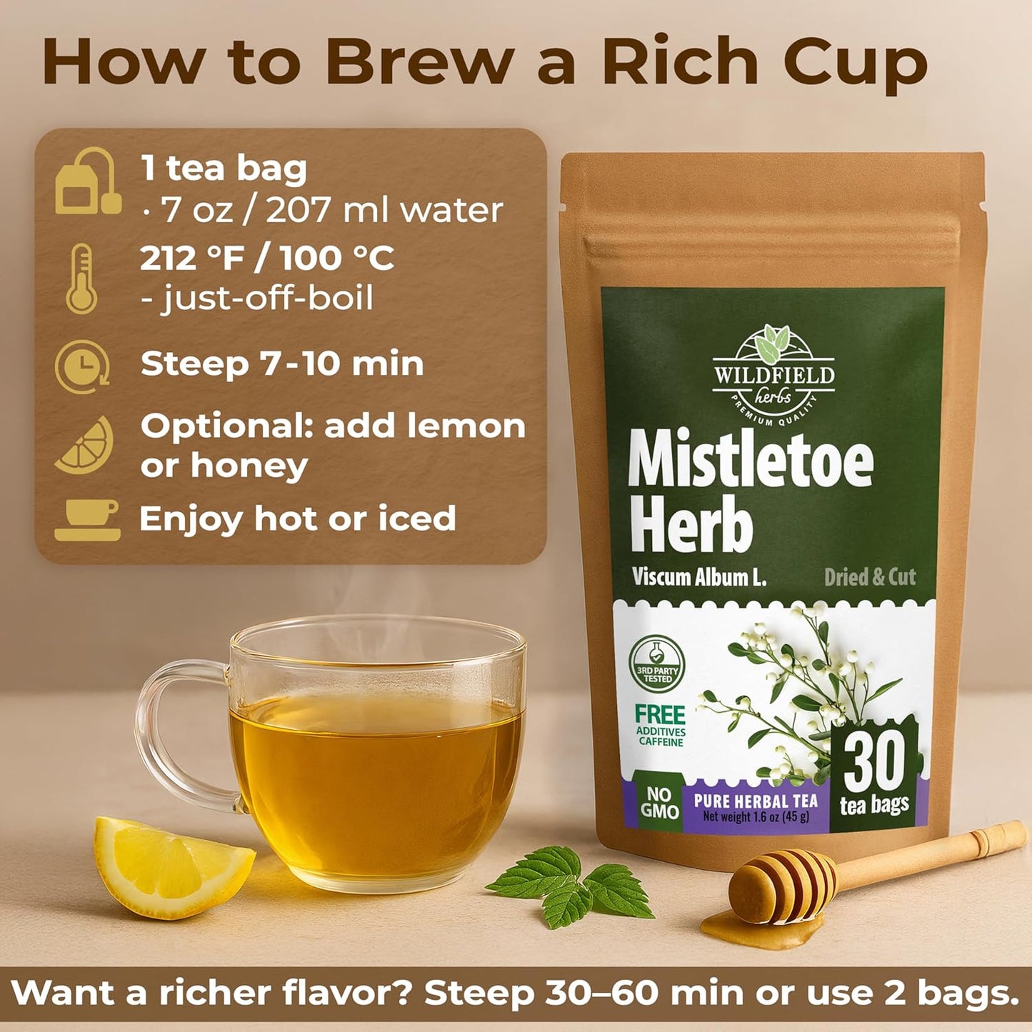 30 Bags Dried Mistletoe Herb Tea (Viscum) - 30 Count 1.5g Tea Bags Mistletoe Herb Muerdago